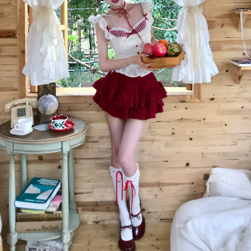 Cap sleeve plaid lace hem bowknot mini skirt set