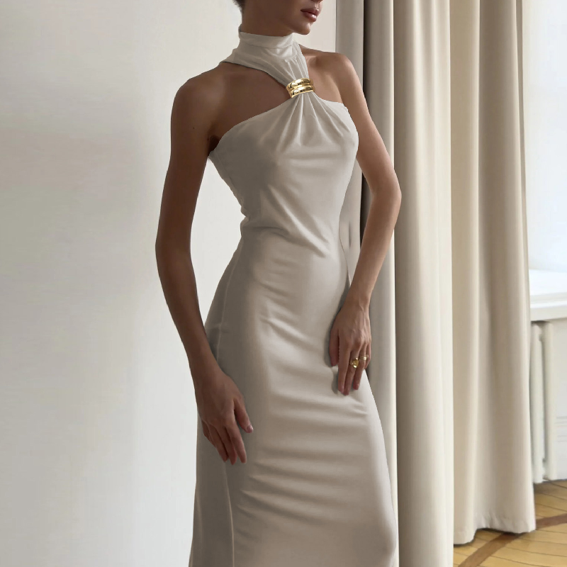 Sleek Black High-Neck Maxi Dress with Architectural Gold Accent | Holiday & Evening Elegance