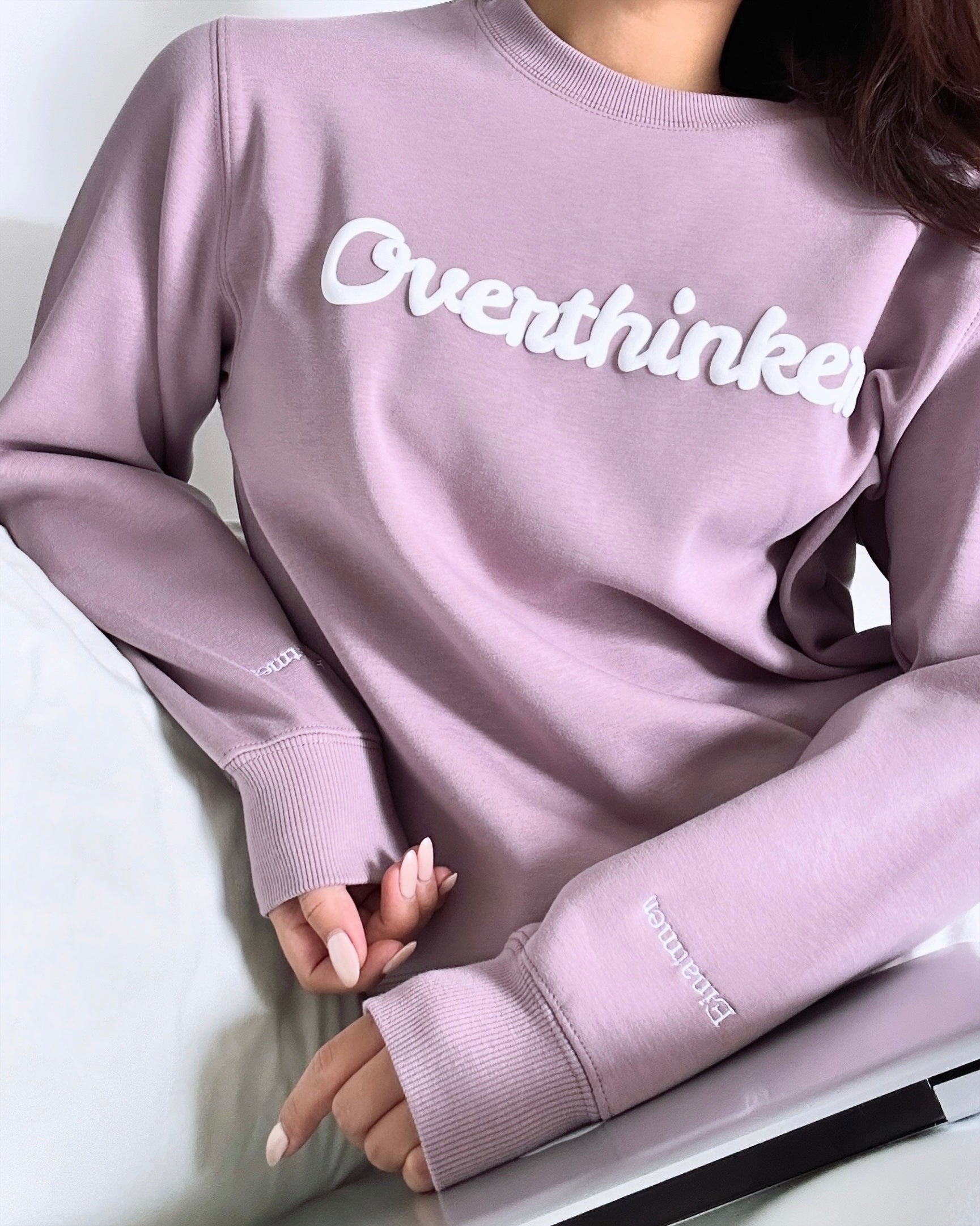 Overthinker Cozy Lavender Crewneck Sweatshirt | Mindful "Breathe In, Breathe Out" Cuffs