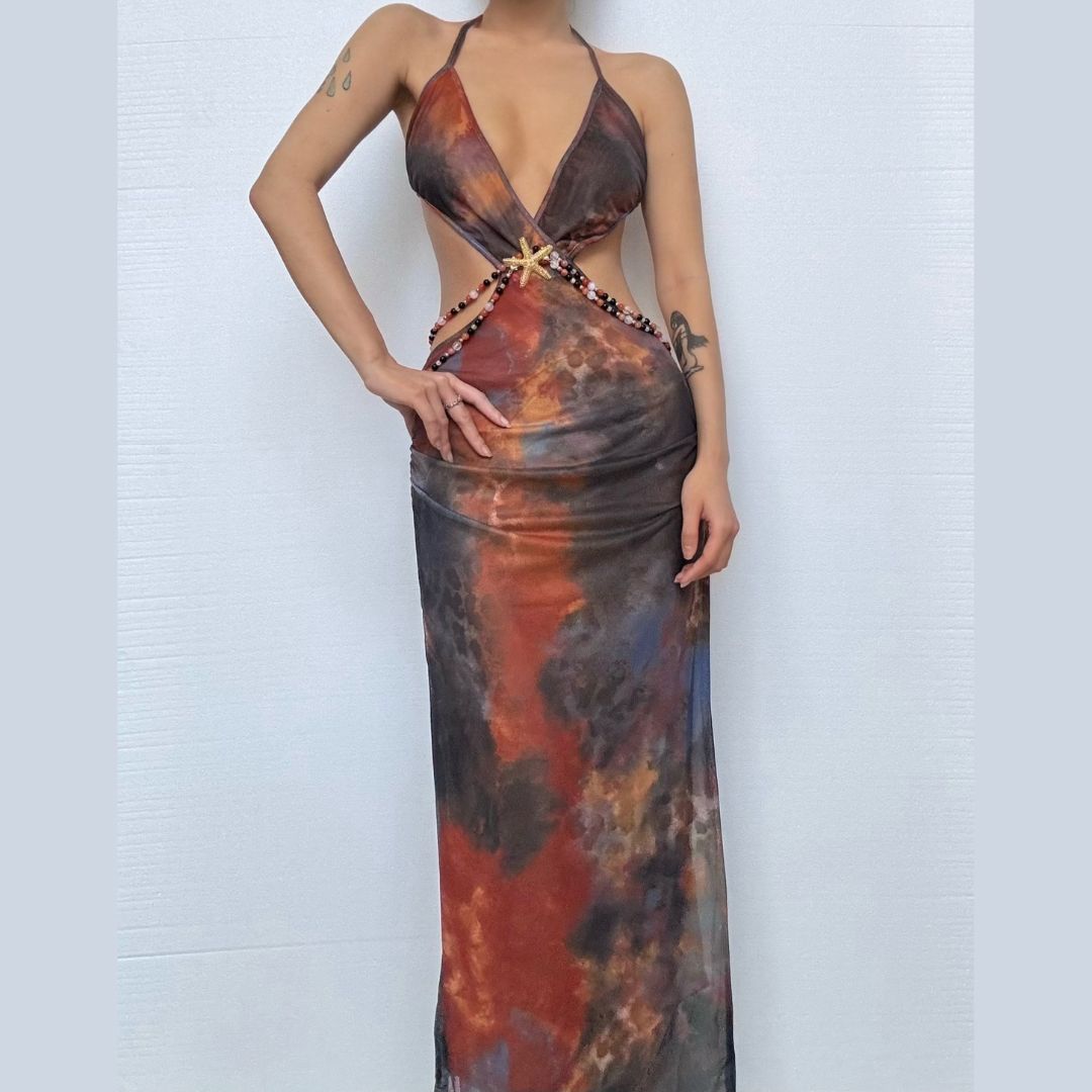 Vibrant Tropical Halter Maxi Dress | Beaded Cut-Out, Backless & Starfish - Your Winter Escape Essential