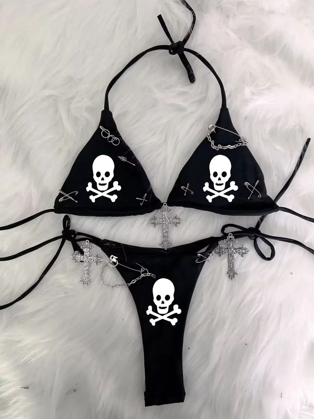 Edgy Y2K Bratz Rhinestone & Cross Charm Halter Bikini Set – Alt Swimwear for Winter Escapes & Festival Vibes