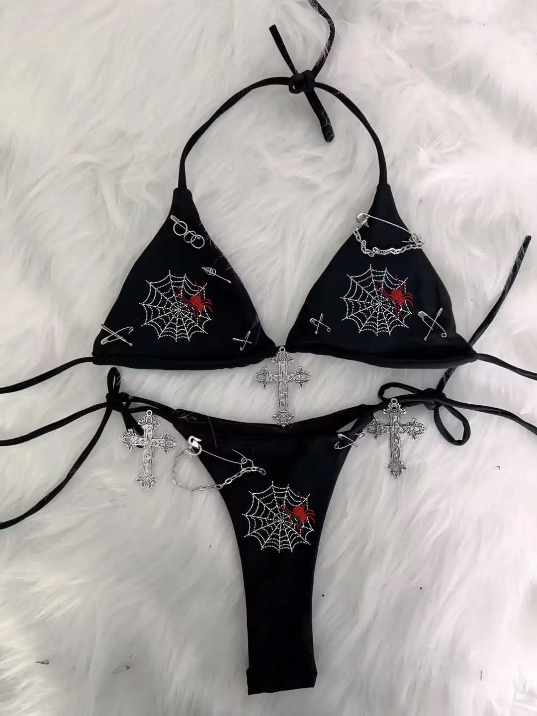 Edgy Y2K Bratz Rhinestone & Cross Charm Halter Bikini Set – Alt Swimwear for Winter Escapes & Festival Vibes