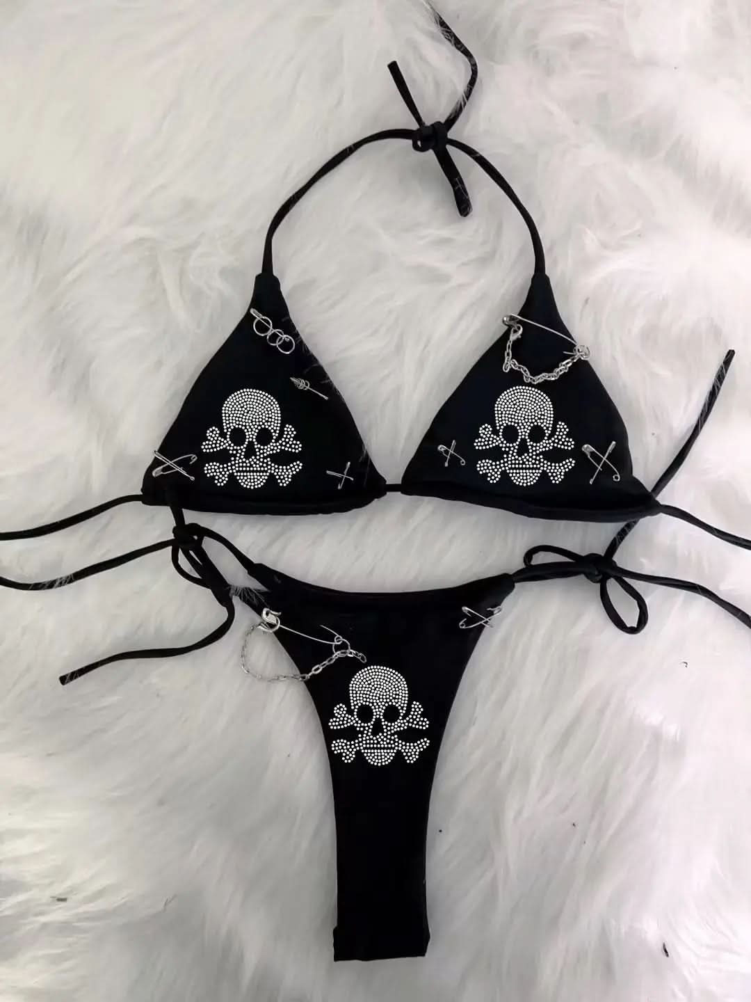 Edgy Y2K Bratz Rhinestone & Cross Charm Halter Bikini Set – Alt Swimwear for Winter Escapes & Festival Vibes