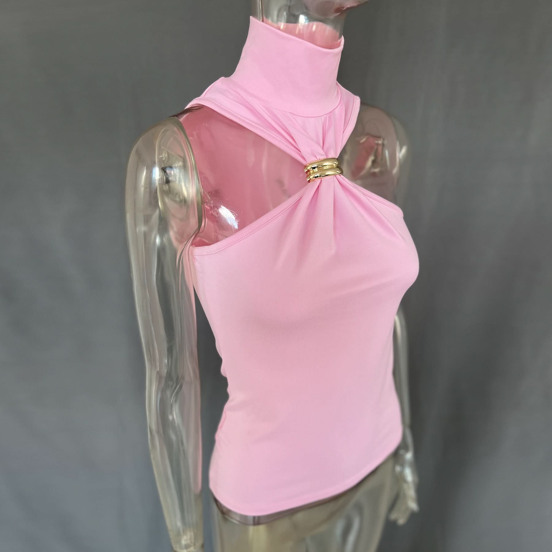 Glam Pink Mock Neck Halter Top with Gold Ring – Chic Fall & Holiday Statement