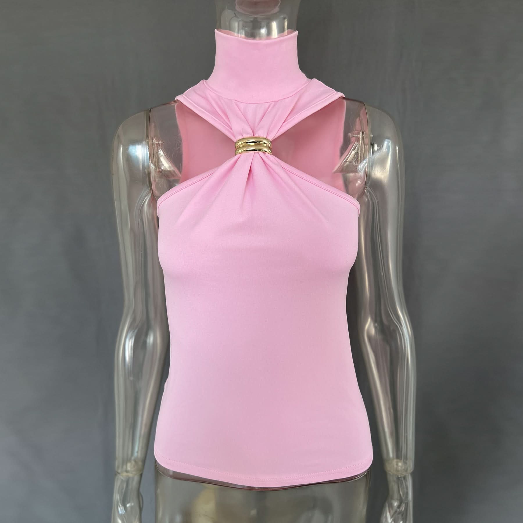 Glam Pink Mock Neck Halter Top with Gold Ring – Chic Fall & Holiday Statement