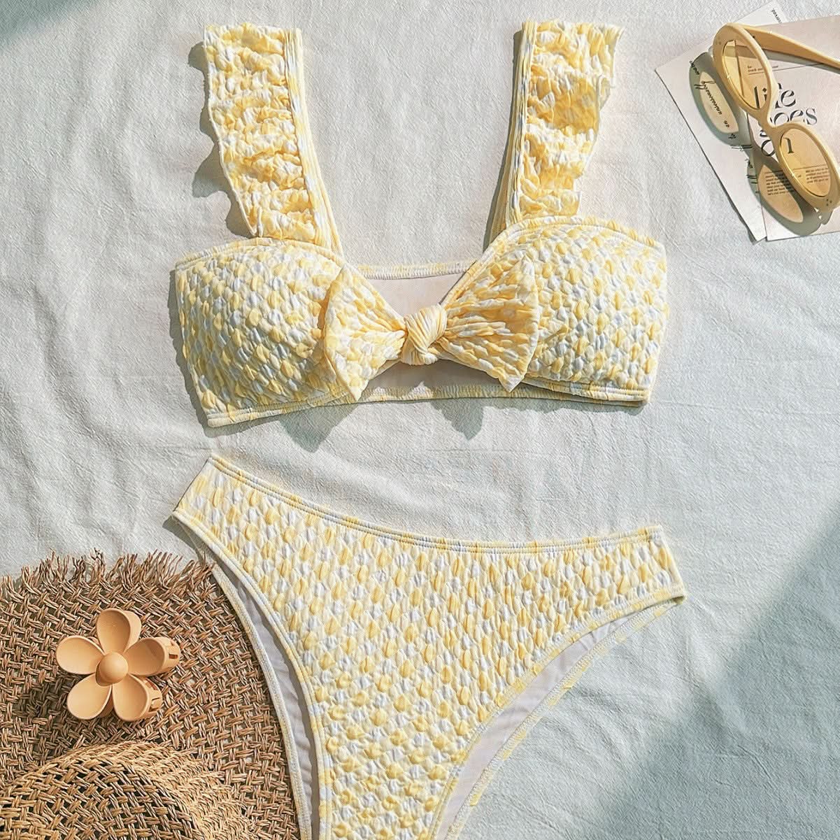 Sunny Yellow Smocked Ruffle Strap Bikini Set - Chic Bow Front & High-Cut Bottoms for Your Tropical Getaway