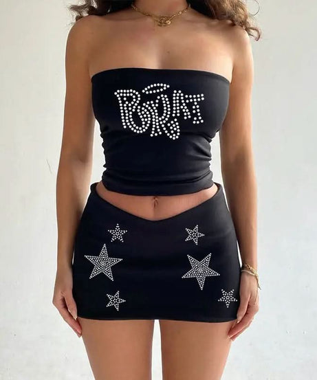 Rhinestone Skeleton Hand Bandeau Top & Star Mini Skirt Set - Y2K Halloween Party Outfit