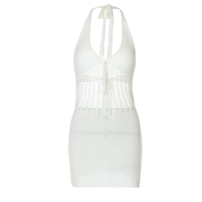 Trendy White Halter Knit Mini Dress - Chic Crochet Detail Resort & Vacation Essential