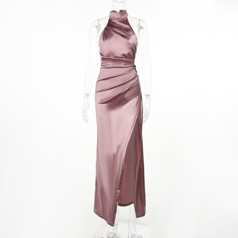 Enchanting Dusty Rose Satin Halter Gown - Ruched Maxi with High Slit for Fall & Holiday Glamour