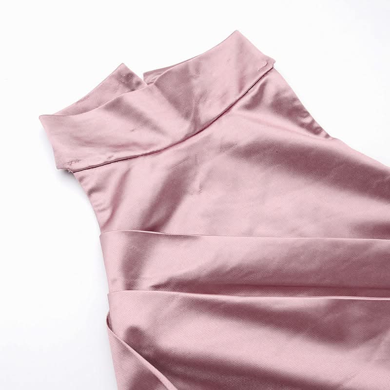 Enchanting Dusty Rose Satin Halter Gown - Ruched Maxi with High Slit for Fall & Holiday Glamour