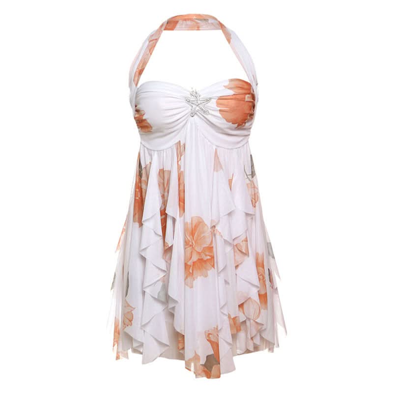 Autumn Glow Halter Floral Ruffle Mini Dress - Effortless Chic for Fall & Holiday Parties