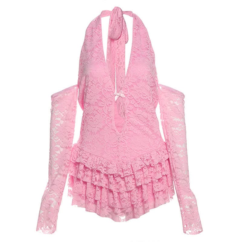 Flirty Pink Lace Halter Bodysuit | Tiered Ruffles & Chic Cold Shoulder Sleeves