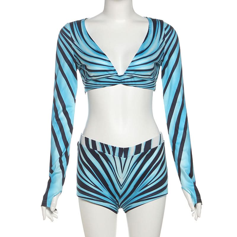 Dynamic Aqua Wave Stripe Long Sleeve Crop Top & Shorts Set | Chic Fall Athleisure