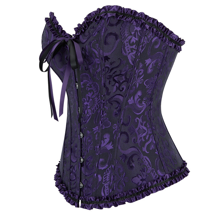 Enchanting Plum Brocade Corset Top with Ruffle Trim | Perfect for Halloween, Fall & Holiday Parties