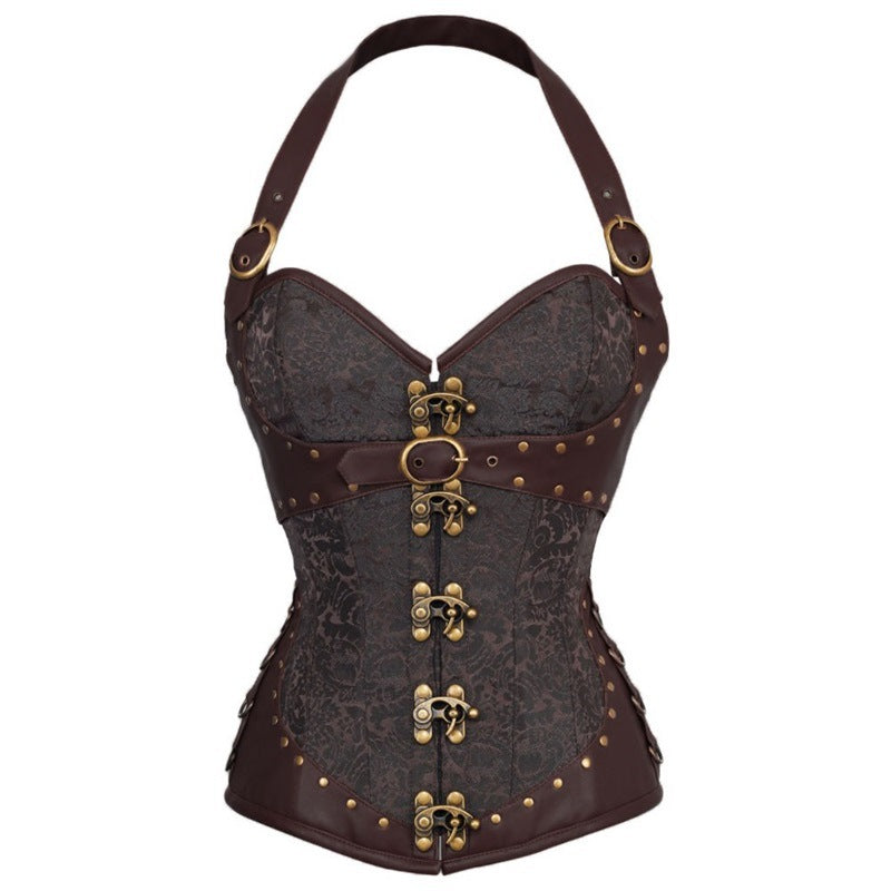Women's Steampunk Halter Corset Top - Brocade & Buckle Goth-Chic for Halloween & Fall Parties