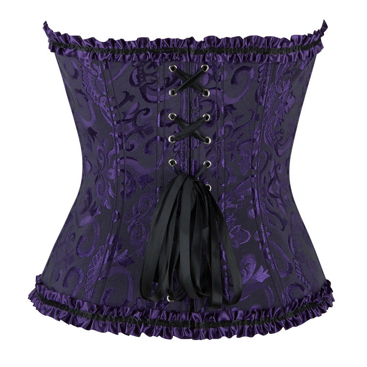 Enchanting Plum Brocade Corset Top with Ruffle Trim | Perfect for Halloween, Fall & Holiday Parties