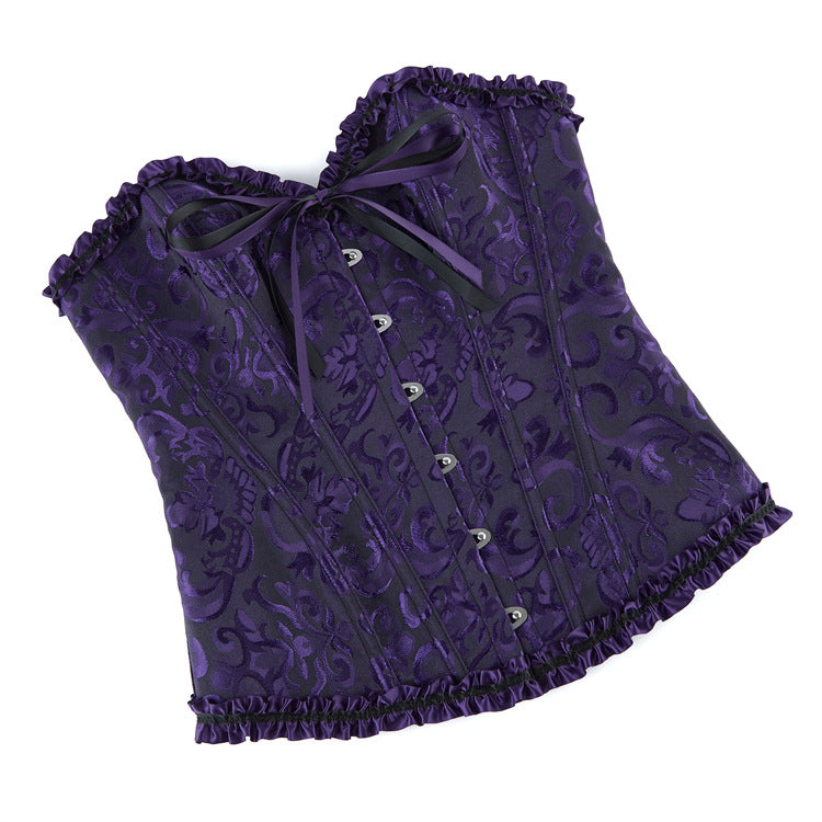 Enchanting Plum Brocade Corset Top with Ruffle Trim | Perfect for Halloween, Fall & Holiday Parties