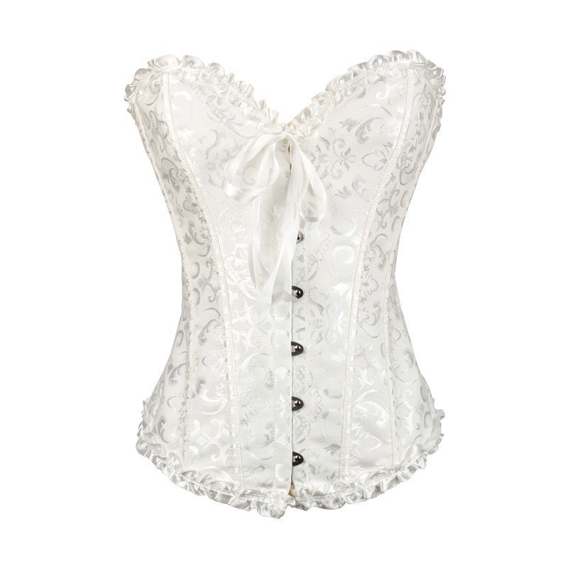 Enchanting Plum Brocade Corset Top with Ruffle Trim | Perfect for Halloween, Fall & Holiday Parties