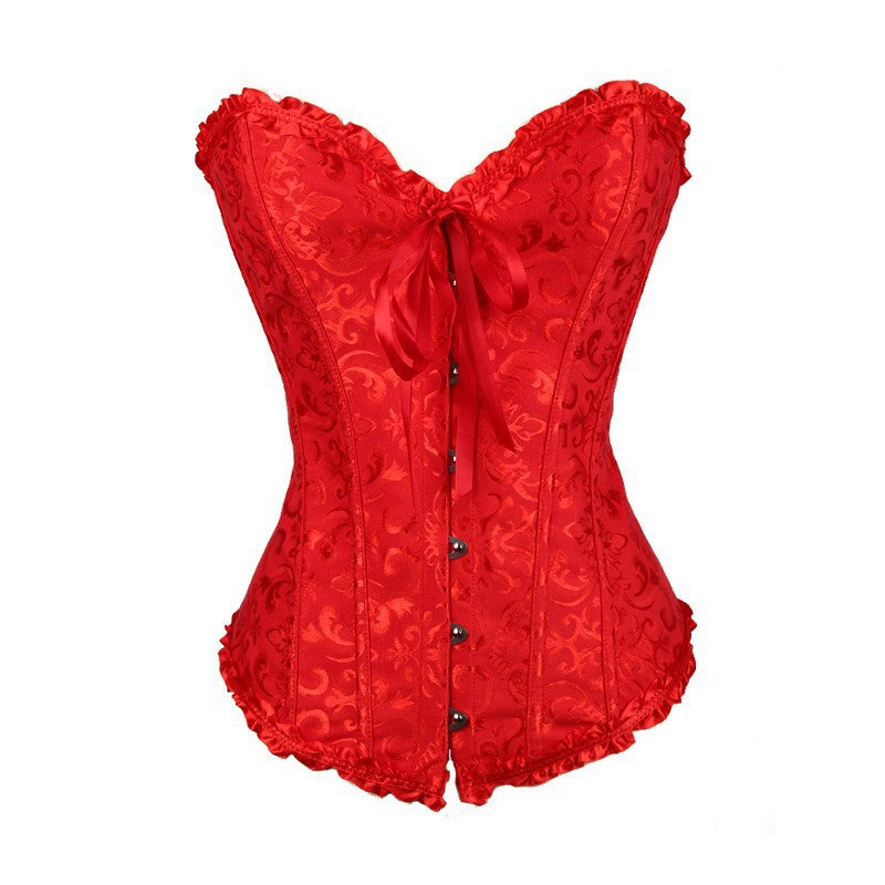 Enchanting Plum Brocade Corset Top with Ruffle Trim | Perfect for Halloween, Fall & Holiday Parties