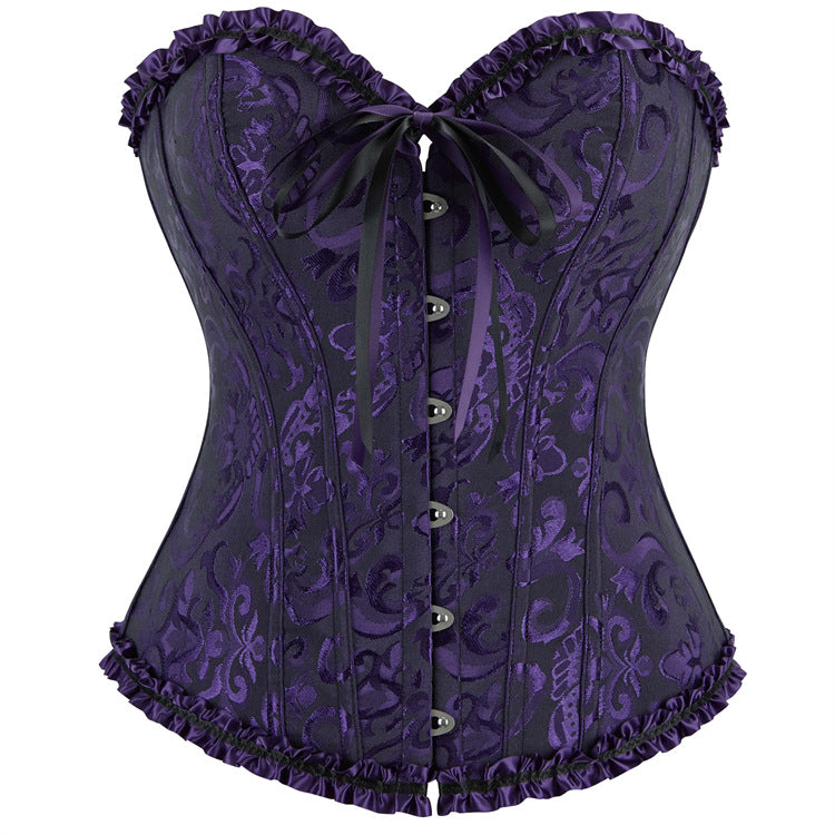 Enchanting Plum Brocade Corset Top with Ruffle Trim | Perfect for Halloween, Fall & Holiday Parties