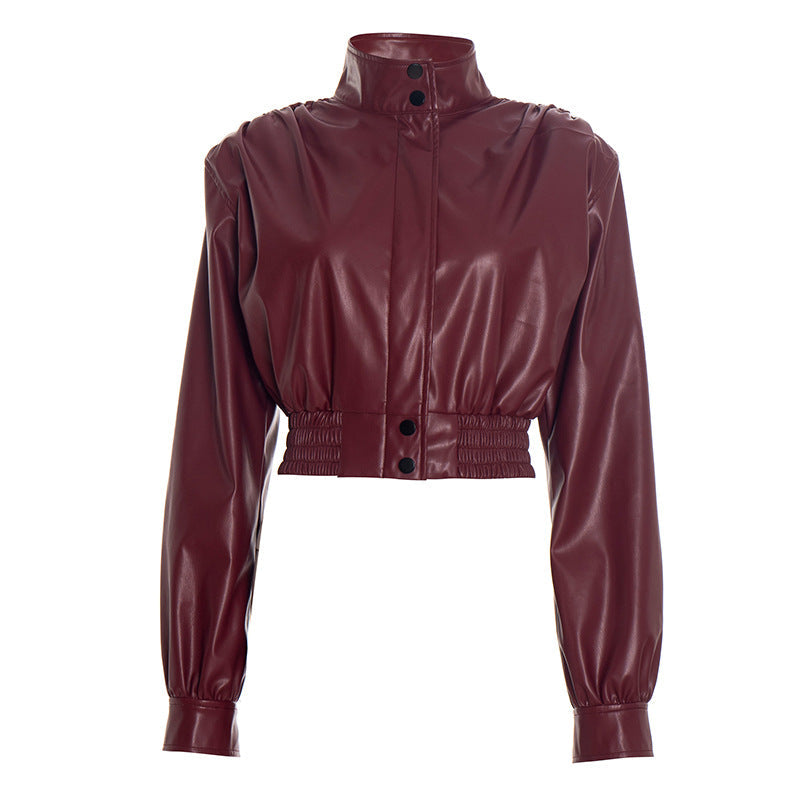 Chic Burgundy Faux Leather Cropped Bomber Jacket - Essential Fall & Holiday Style