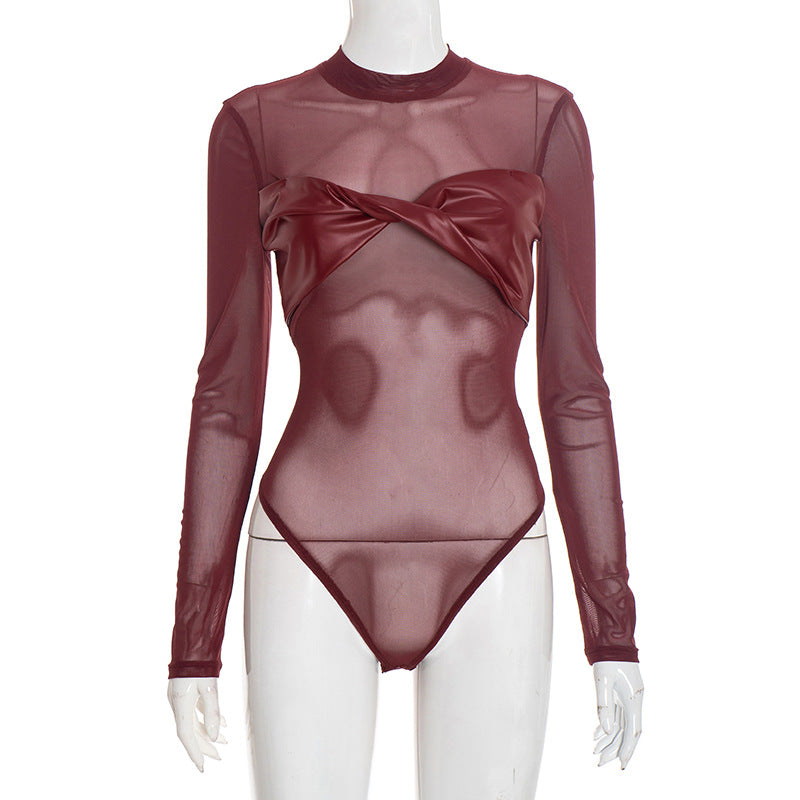 Crewneck long sleeve mesh PU leather bodysuit