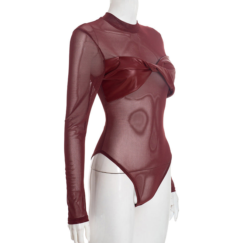 Crewneck long sleeve mesh PU leather bodysuit