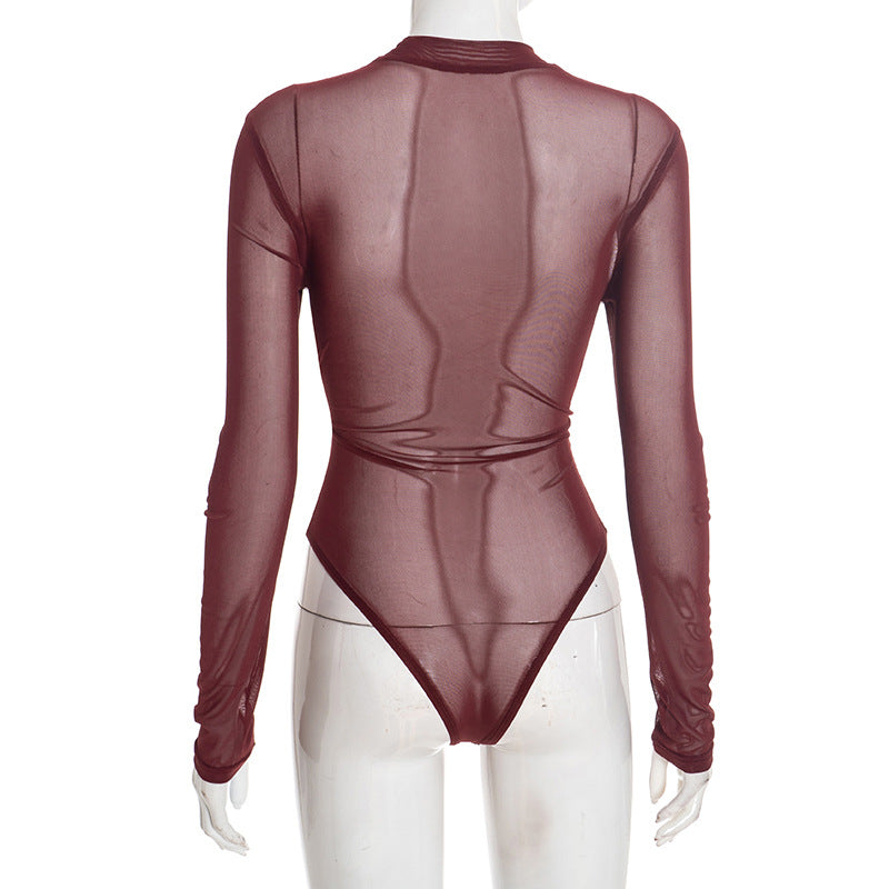Crewneck long sleeve mesh PU leather bodysuit