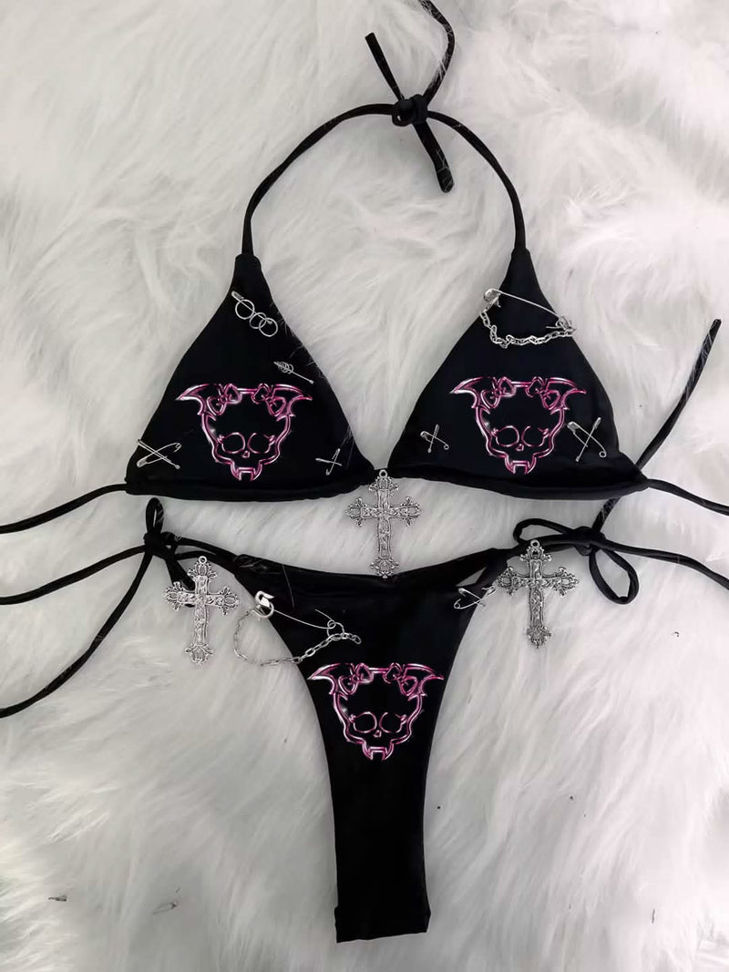Sassy 'Brat' Goth Bikini Set - Edgy Halter Swimsuit with Cross Charms & Safety Pins