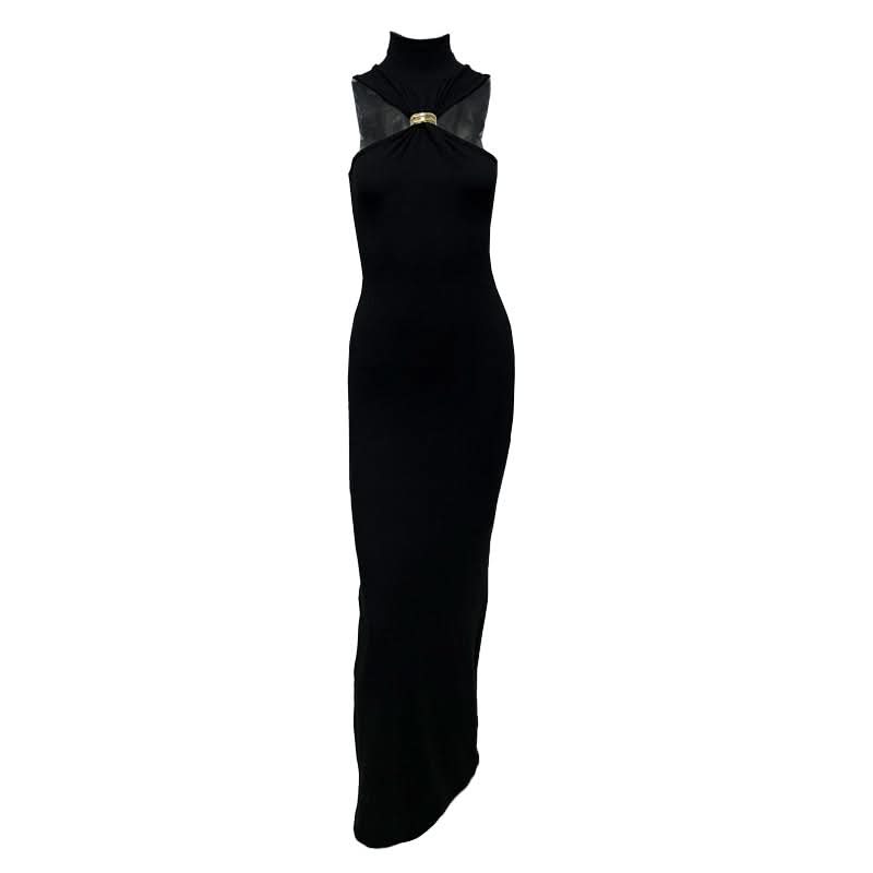 Sleek Black High-Neck Maxi Dress with Architectural Gold Accent | Holiday & Evening Elegance