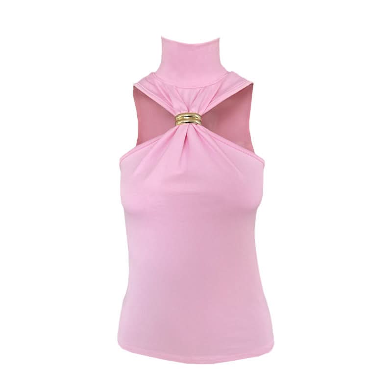 Glam Pink Mock Neck Halter Top with Gold Ring – Chic Fall & Holiday Statement
