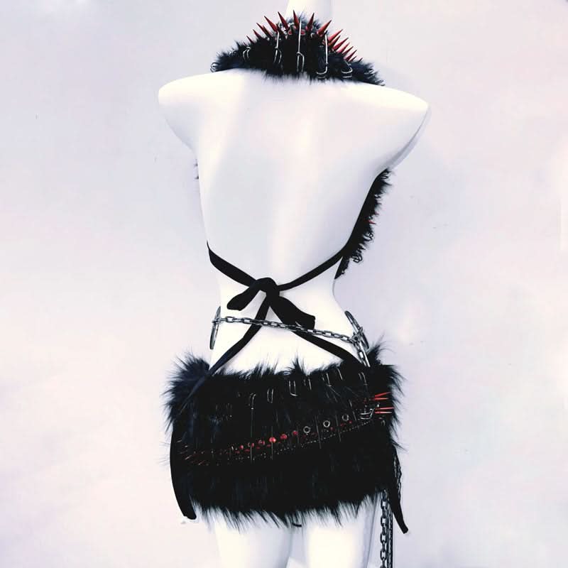 Fierce Spiked Skull Faux Fur Rave Set: Halter Crop Top & Mini Skirt - Halloween & Festival Ready!