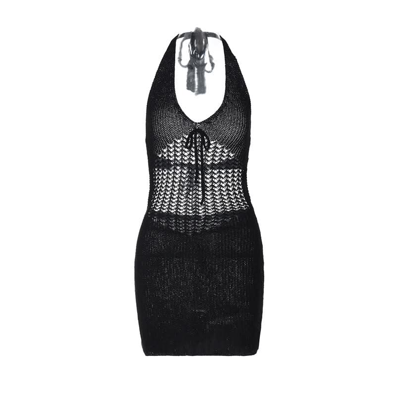 Trendy White Halter Knit Mini Dress - Chic Crochet Detail Resort & Vacation Essential