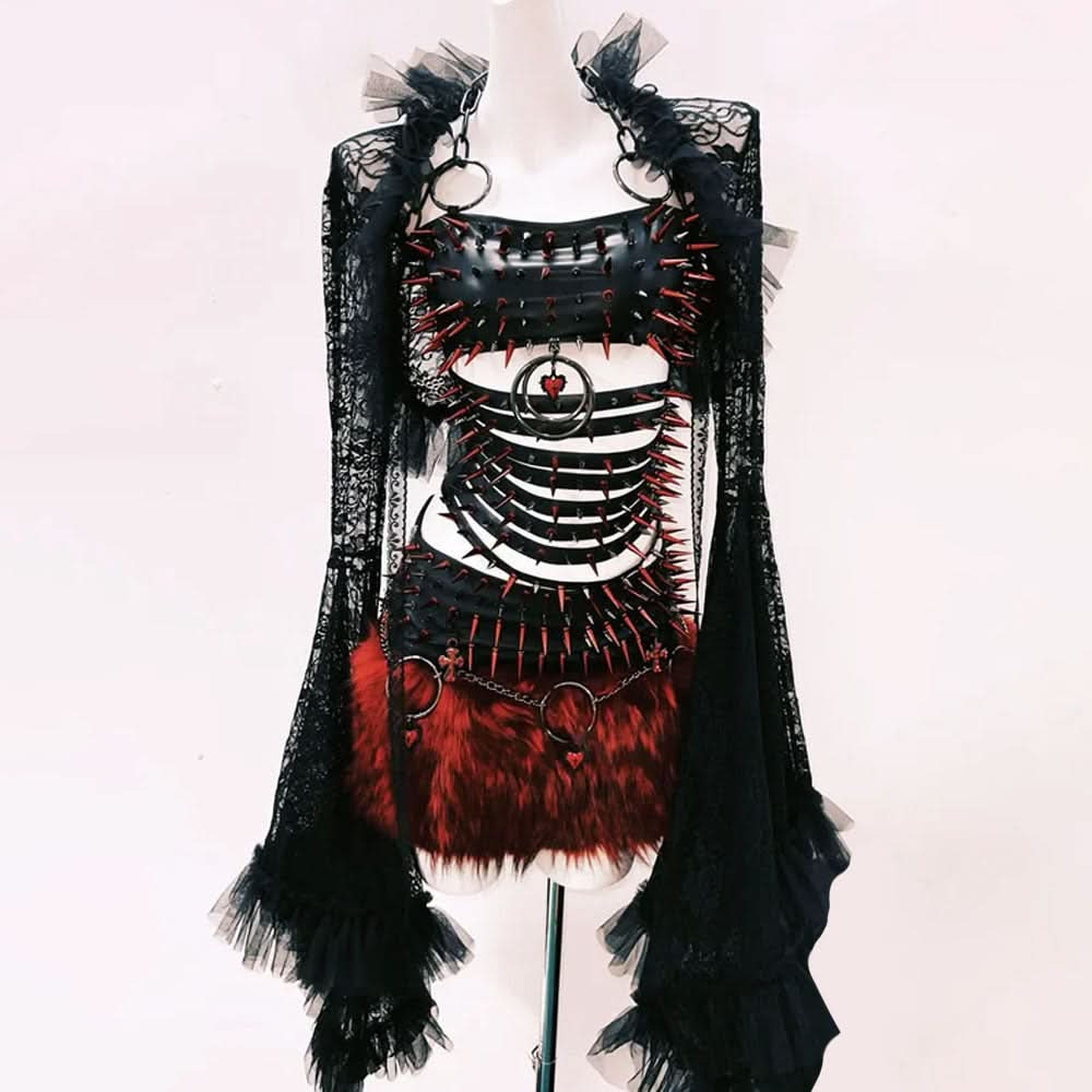 Fierce Gothic Spiked & Faux Fur Mini Set with Lace Shrug - Halloween & Festival Ready