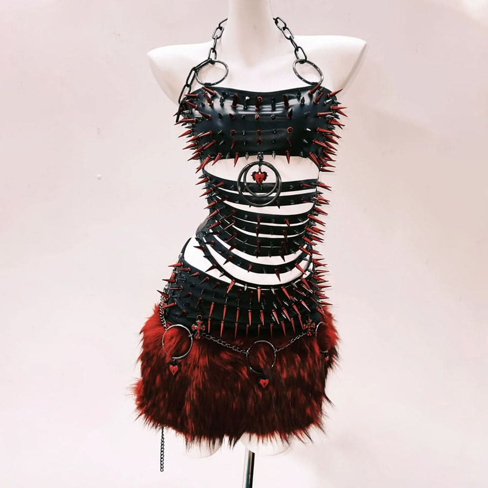 Fierce Gothic Spiked & Faux Fur Mini Set with Lace Shrug - Halloween & Festival Ready