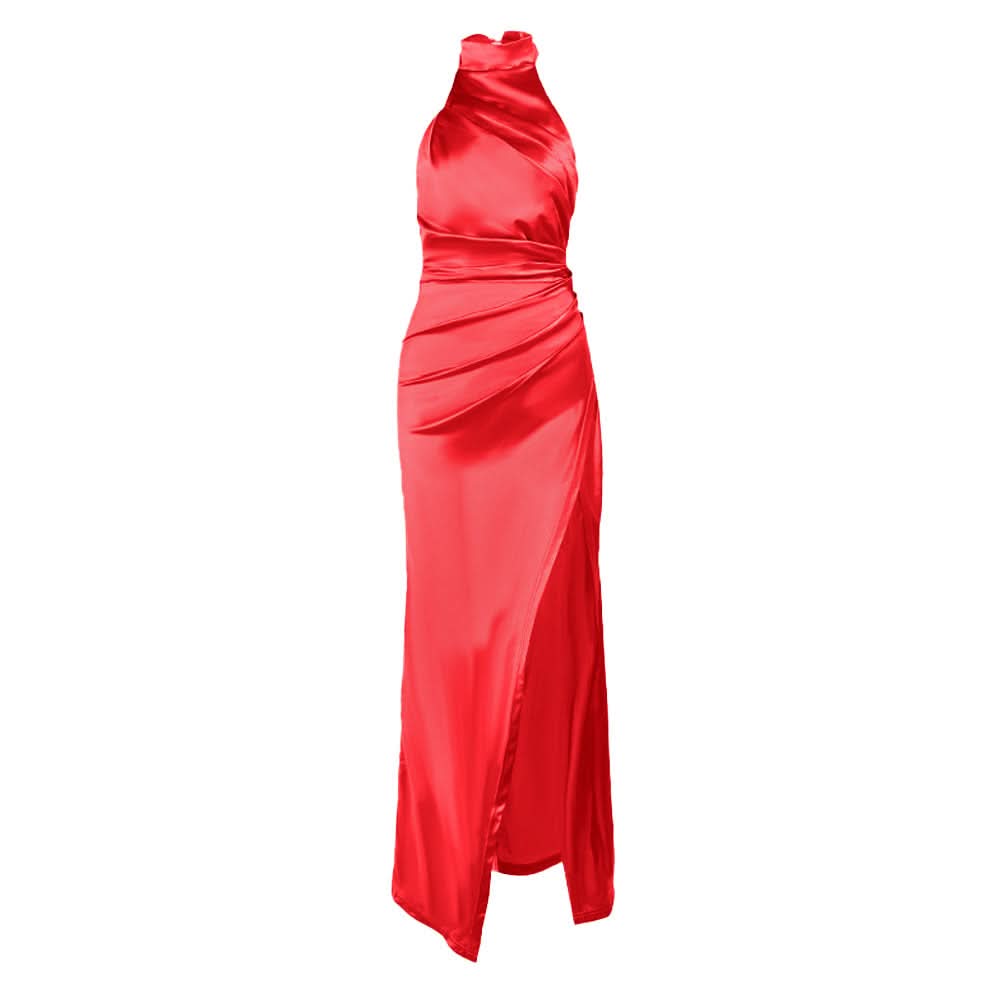 Enchanting Dusty Rose Satin Halter Gown - Ruched Maxi with High Slit for Fall & Holiday Glamour