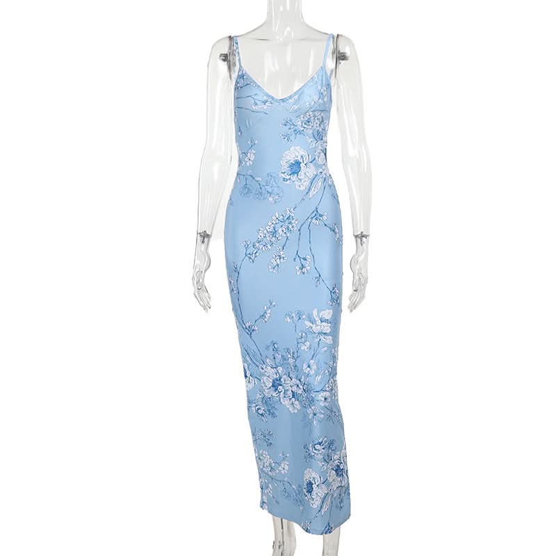 Chic Sage Floral Backless Maxi Dress - V-Neck Elegance for Fall Events & Holiday Escapes