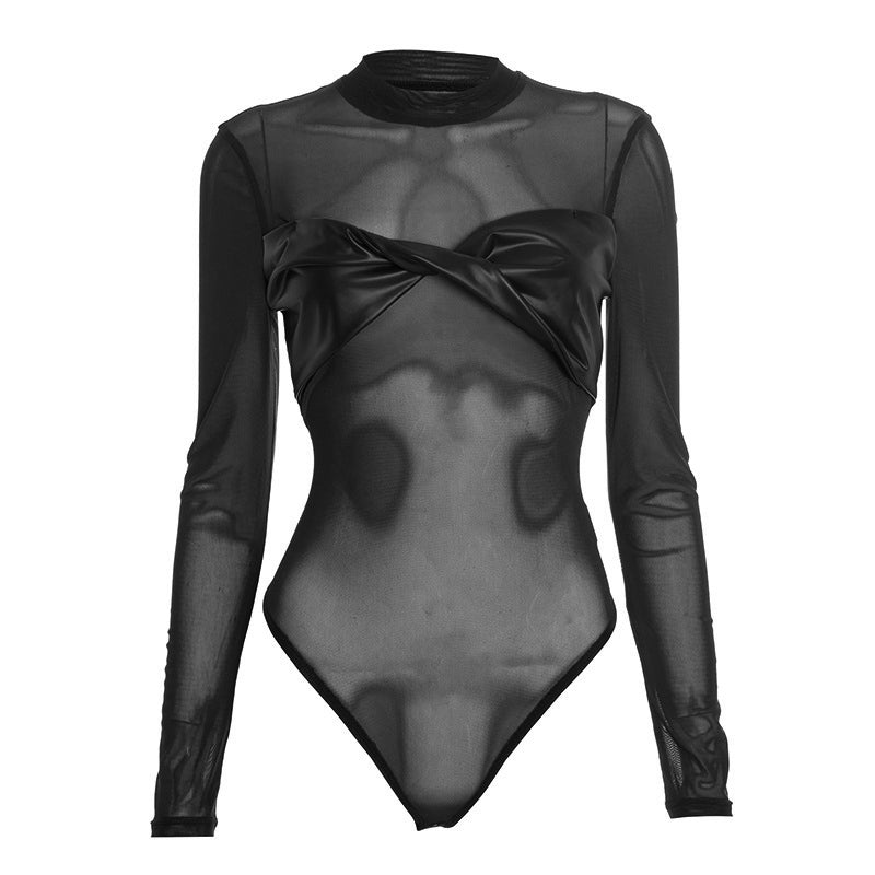 Crewneck long sleeve mesh PU leather bodysuit