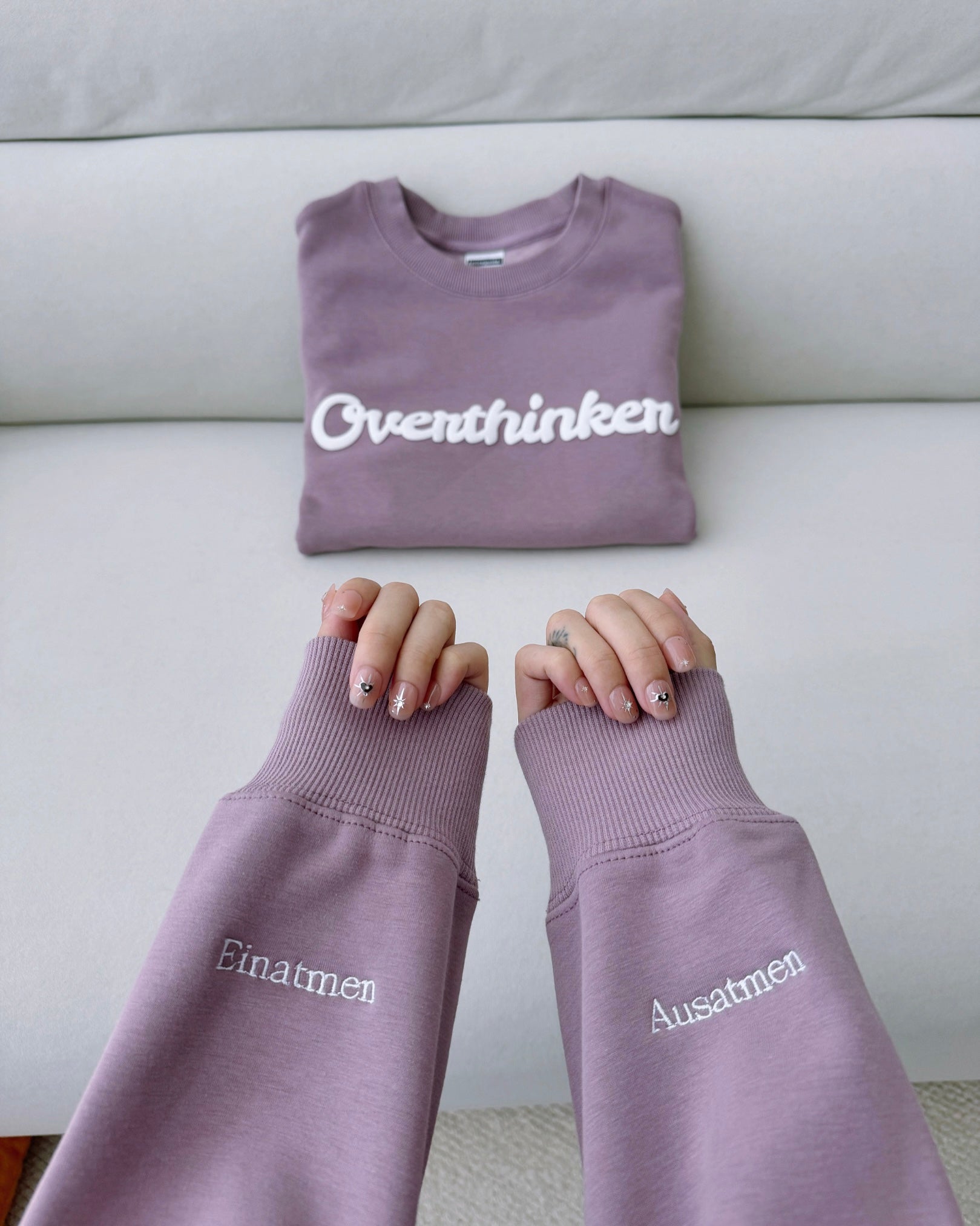 Overthinker Cozy Lavender Crewneck Sweatshirt | Mindful "Breathe In, Breathe Out" Cuffs