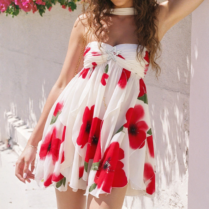 Autumn Glow Halter Floral Ruffle Mini Dress - Effortless Chic for Fall & Holiday Parties