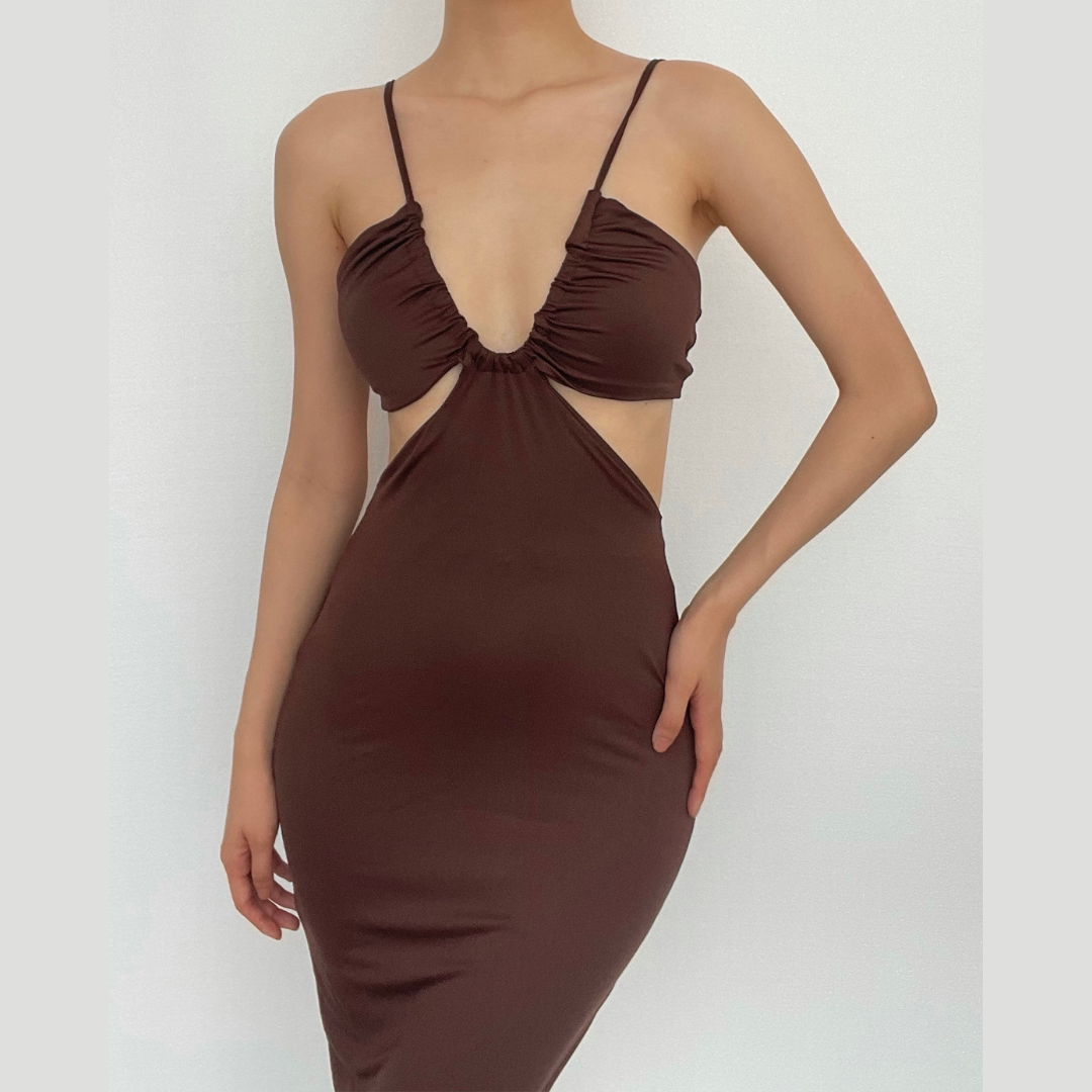 Espresso Allure Cutout Midi Dress - Ruched Bodycon for Fall Nights