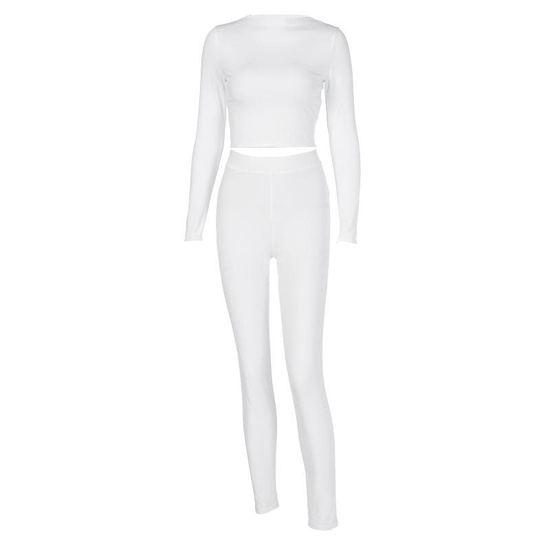 Cozy Chic White Long Sleeve Crop Top & High-Waisted Leggings Set - Your Fall/Winter Go-To!