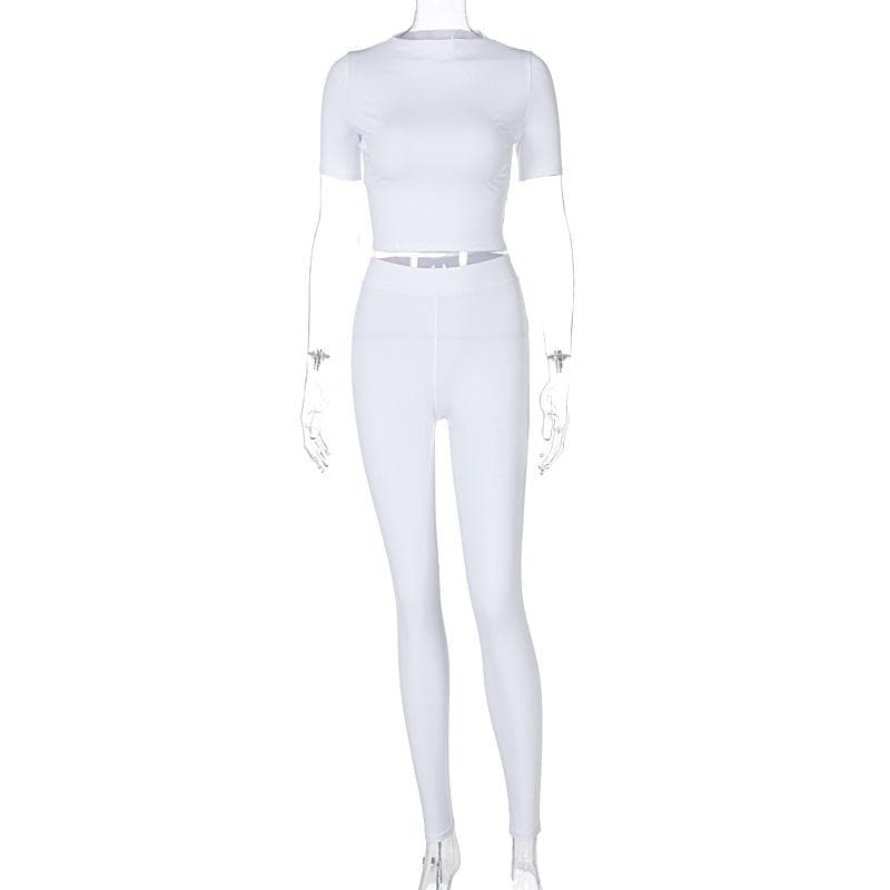 Crisp White Athleisure Set: Short Sleeve Crop Top & High-Waisted Leggings for Fall