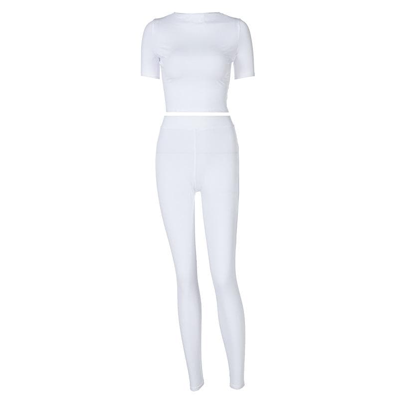 Crisp White Athleisure Set: Short Sleeve Crop Top & High-Waisted Leggings for Fall