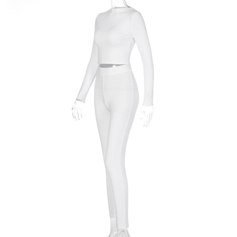 Cozy Chic White Long Sleeve Crop Top & High-Waisted Leggings Set - Your Fall/Winter Go-To!