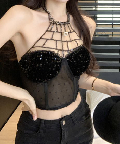 Spooky Chic Chain Web Halter Sequin Bustier Crop Top | Edgy Halloween & Fall Party Ready