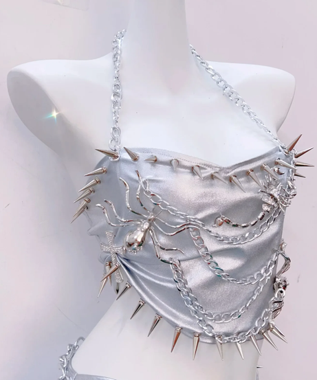 Spiked Silver Siren Chain Halter Top & Mini Skirt Set - Your Ultimate Halloween & Festival Statement Piece!