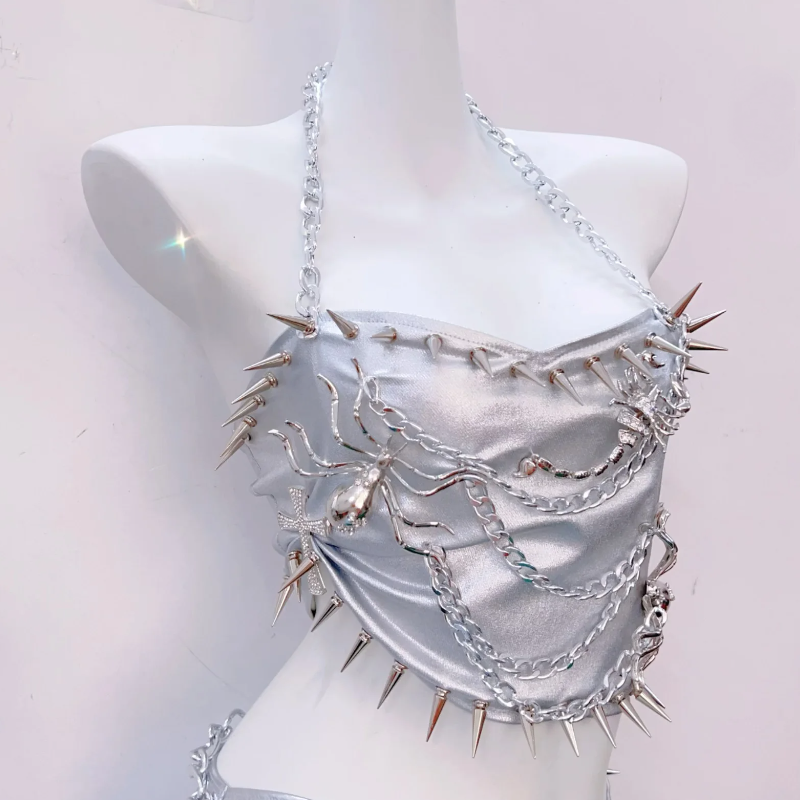 Spiked Silver Siren Chain Halter Top & Mini Skirt Set - Your Ultimate Halloween & Festival Statement Piece!