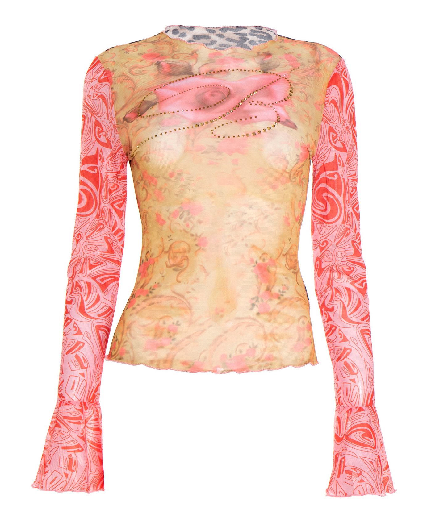 Autumn Bloom Sheer Mesh Top: Rhinestone Embellished, Flared Sleeves & Leopard Trim