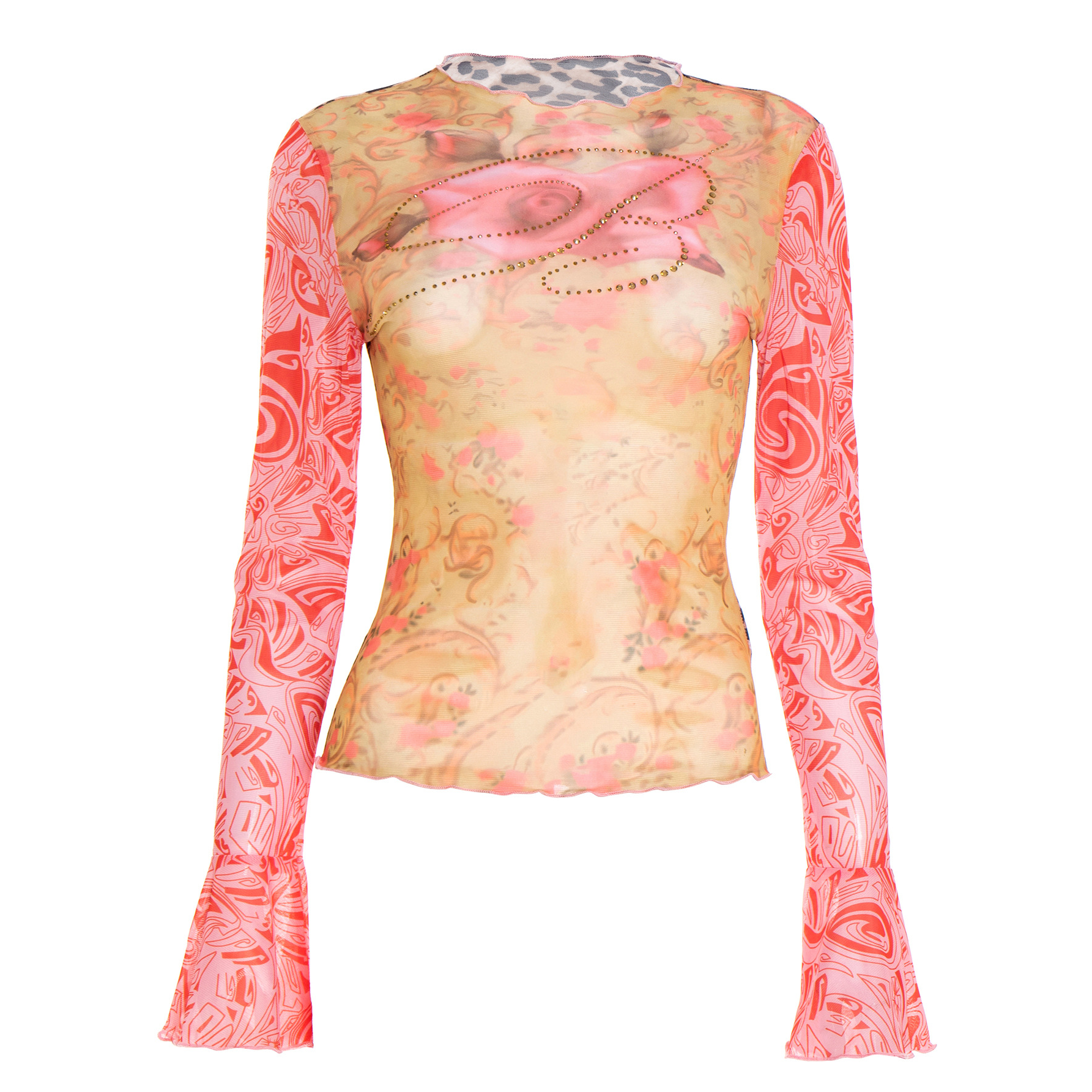 Autumn Bloom Sheer Mesh Top: Rhinestone Embellished, Flared Sleeves & Leopard Trim